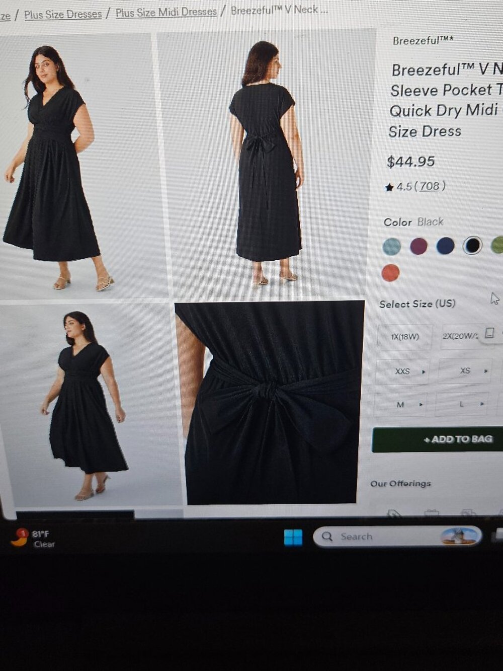 Breezeful v neck ahort sleeve pocket tie back quick dry midi casual dress